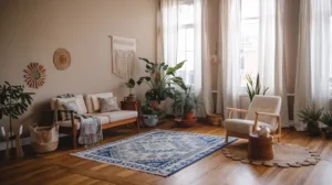 Influences bohèmes patinées : rideaux en lin pour une lumière filtrée