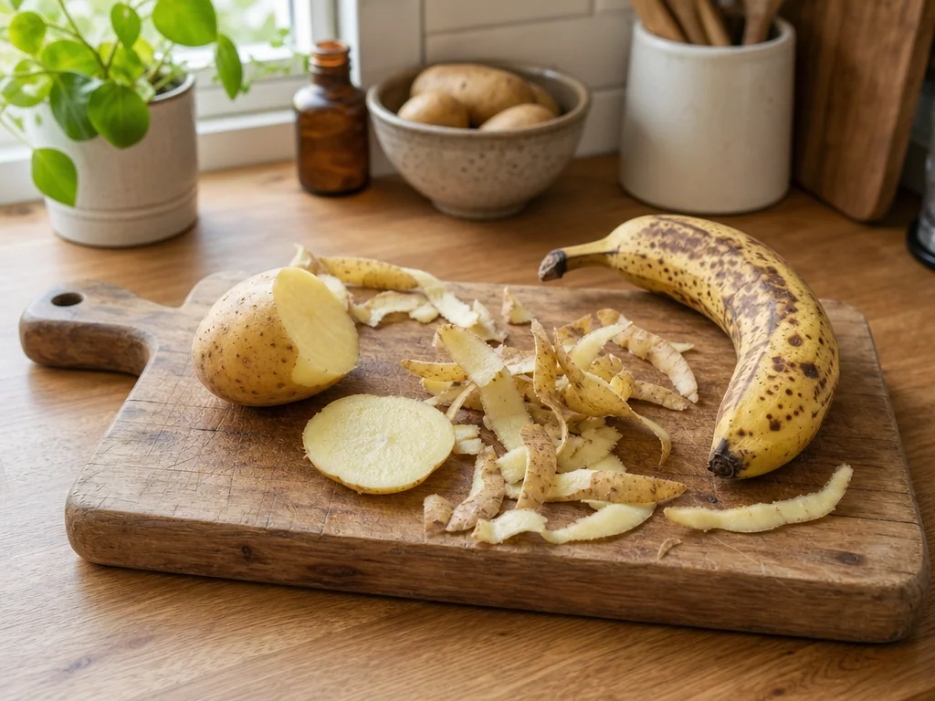Planche en bois dans une cuisine : épluchures de pomme de terre, une pomme de terre coupée et une banane bien mûre
