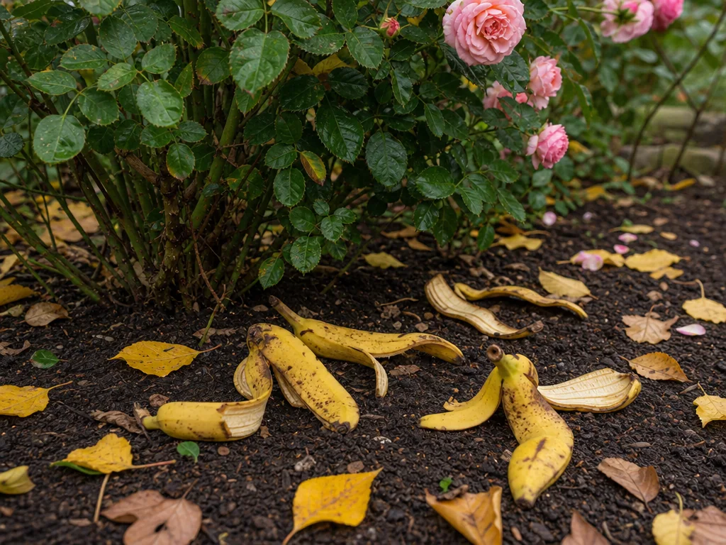 Peaux de banane posées sur la terre au pied d'un rosier en fleurs, entourées de quelques feuilles d'automne