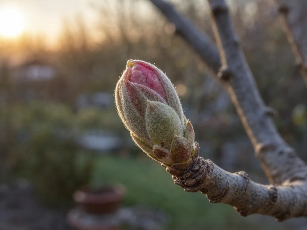 Bourgeon floral d'un pommier qui gonfle sur une branche nue, dans la lumière douce d'une fin d'hiver