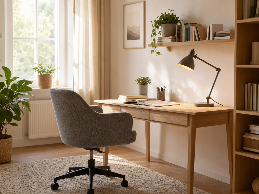 Coin bureau à domicile lumineux : un bureau en bois clair placé près d'une fenêtre avec une chaise de bureau en tissu gris, une lampe orientable, une étagère murale garnie de livres et de plantes vertes, et un tapis doux au sol