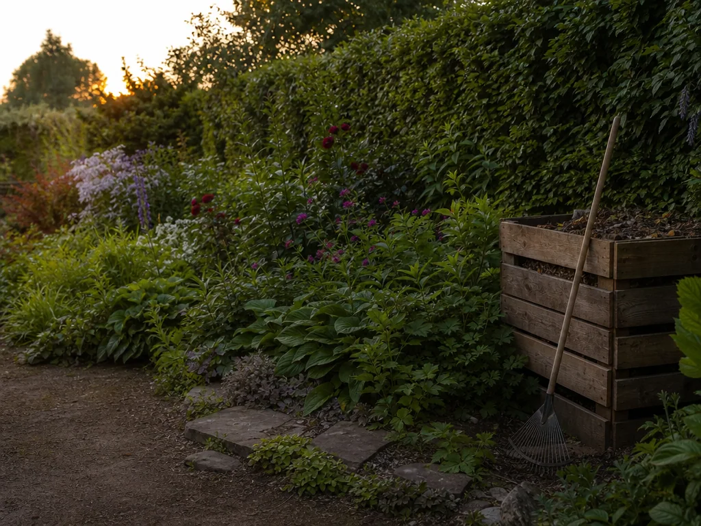 Massif de vivaces dense et humide le long d'une haie de jardin au crépuscule, avec un compost en bois, un râteau posé contre et une allée de pierres au premier plan