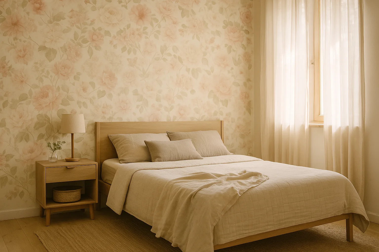Chambre apaisante : papier peint floral pastel sur le mur, tête de lit et chevet en bois clair, linge en fibres naturelles et voilage