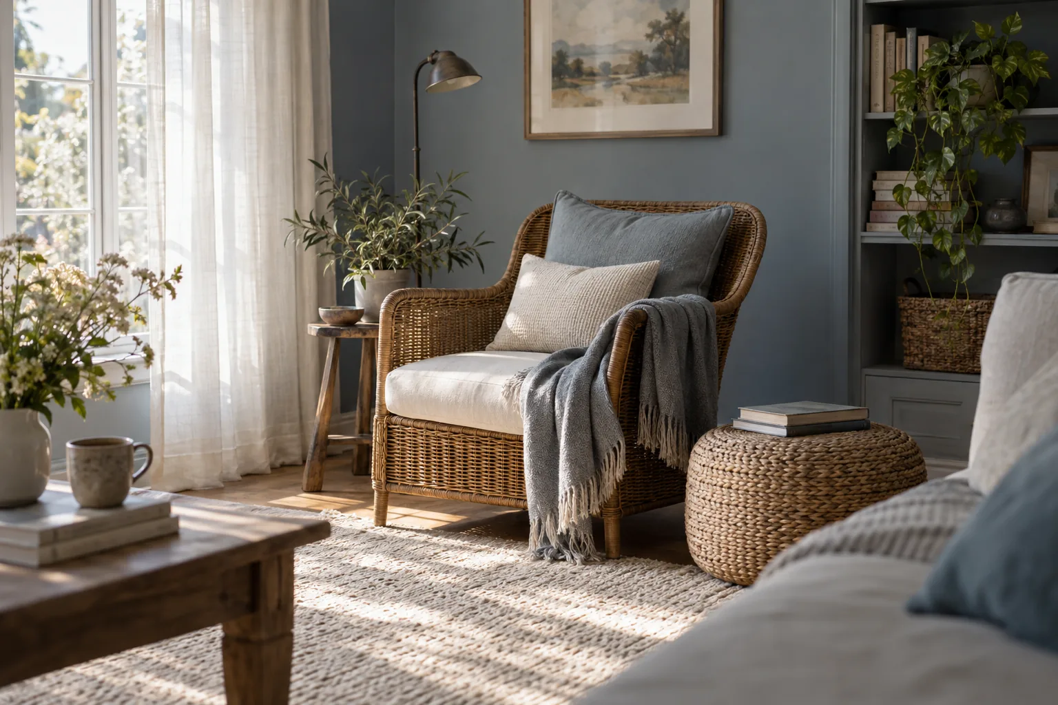 Coin lecture aux murs gris-bleu : fauteuil en rotin, coussins, plaid, tapis clair, rideaux en lin et lumière du matin