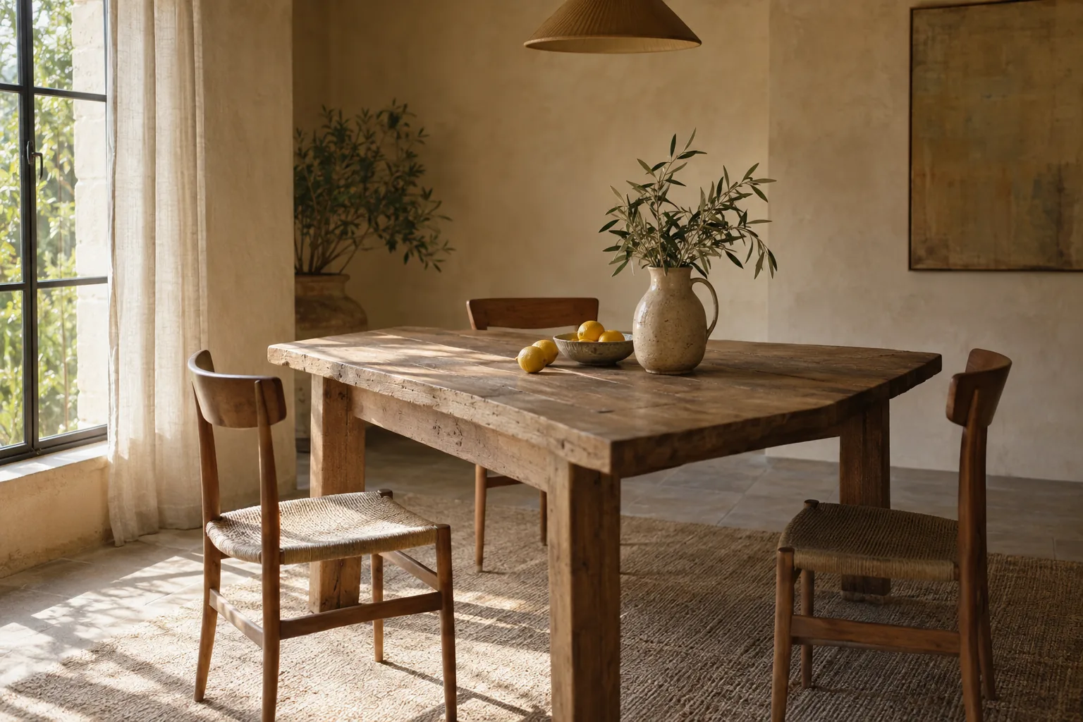 Coin repas aux murs beige sable : table en bois massif avec pichet en grès et citrons, chaises en bois et paille tressée, rideaux en lin, tapis en jute