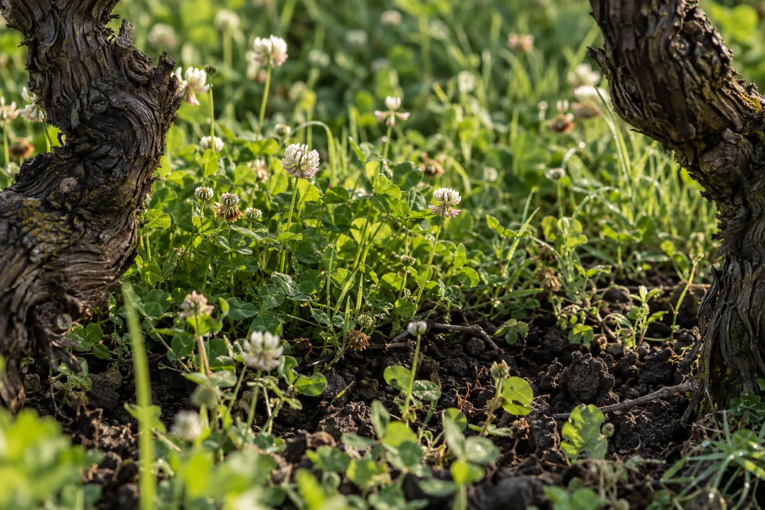 Trèfle en fleurs et terre sombre entre deux vieux ceps de vigne, vue rapprochée au niveau du sol