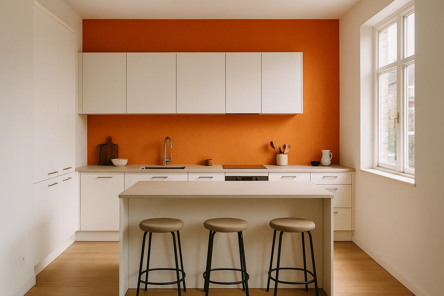 Cuisine blanche contemporaine : mur en papier peint orange vif encadré de murs neutres, îlot central et tabourets en bois