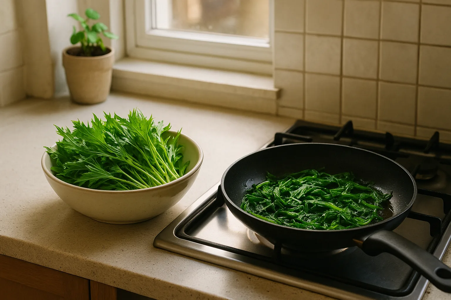 Cuisine lumineuse près d'une fenêtre : bol de feuilles de mizuna fraîches et poêlée de mizuna sautée sur la plaque de cuisson
