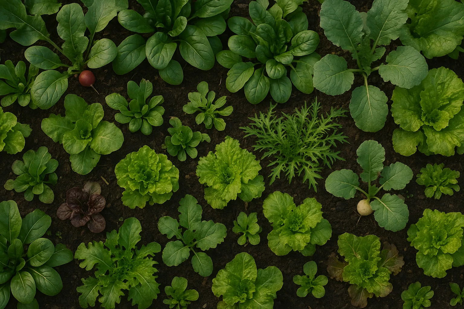 Potager d'hiver vu de dessus : planches serrées de laitues, épinards, radis d'hiver, navets et mizuna aux feuilles dentelées sur une terre sombre et humide