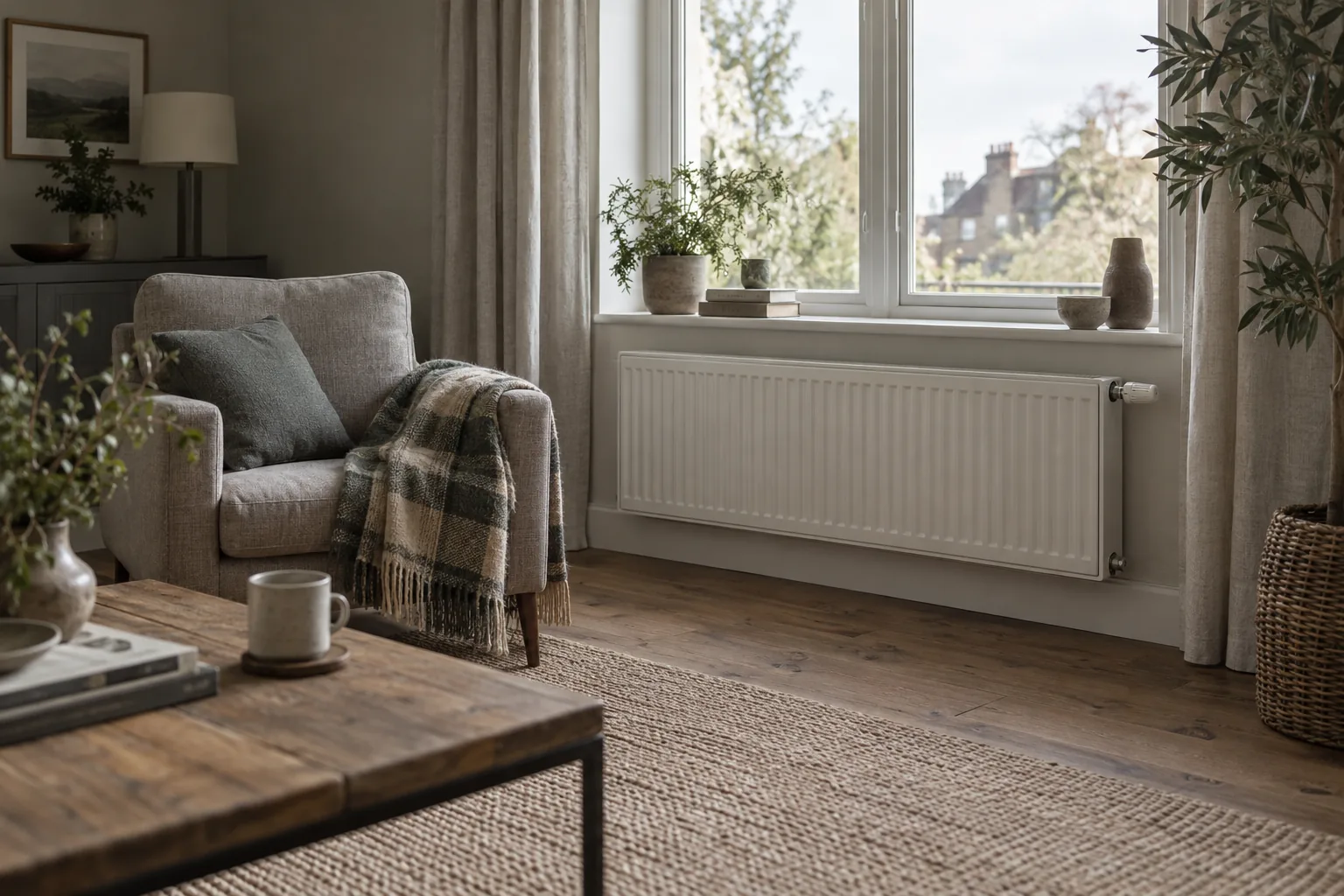Séjour en lumière grise de jour : fauteuil en lin avec plaid en laine, radiateur blanc sous la fenêtre, table basse en bois et mug, sol en bois